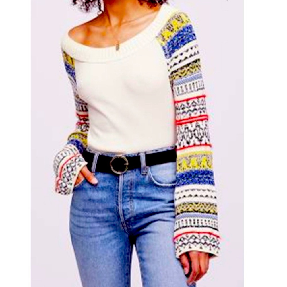 Free People Striped Sleeve Thermal Fairground Sweater Size Medium